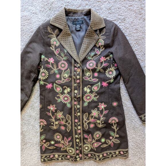 VTG Silkland S Women 100% Silk Brown Floral Jacket Embroidered Collared Lined - Picture 10 of 15